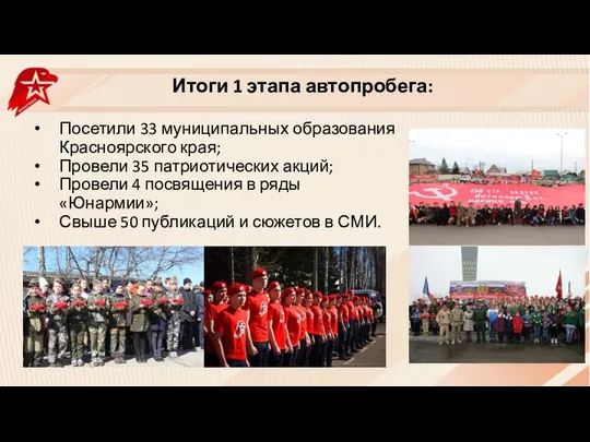 Итоги 1 этапа автопробега: Посетили 33 муниципальных образования Красноярского края; Провели