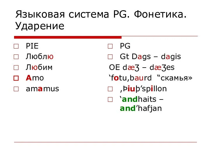 Языковая система PG. Фонетика. Ударение PIE Люблю Любим Amo amamus PG