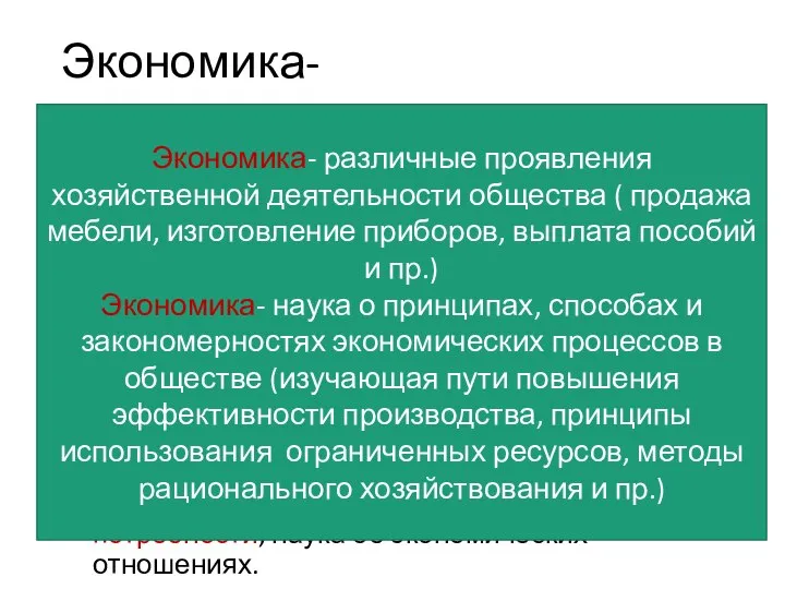 Экономика- Система хозяйствования, включающая отрасли материального производства (промышленность, сельское хозяйство и