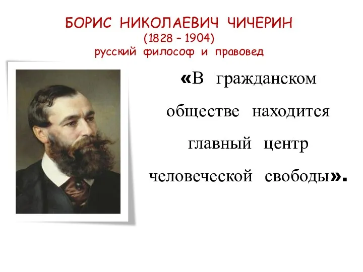 БОРИС НИКОЛАЕВИЧ ЧИЧЕРИН (1828 – 1904) русский философ и правовед «В