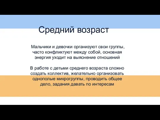 Средний возраст Мальчики и девочки организуют свои группы, часто конфликтуют между