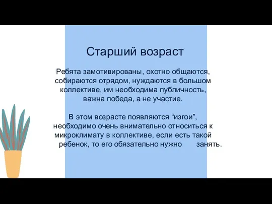 Старший возраст Ребята замотивированы, охотно общаются, собираются отрядом, нуждаются в большом