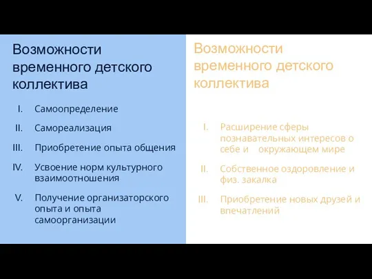 Возможности временного детского коллектива Самоопределение Самореализация Приобретение опыта общения Усвоение норм