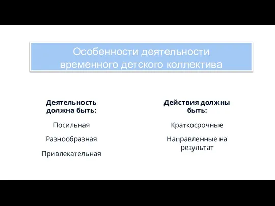 Особенности деятельности временного детского коллектива Деятельность должна быть: Посильная Разнообразная Привлекательная