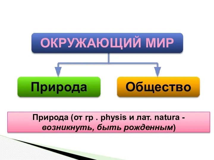 ОКРУЖАЮЩИЙ МИР Природа Общество Природа (от гр . physis и лат. natura - возникнуть, быть рожденным)