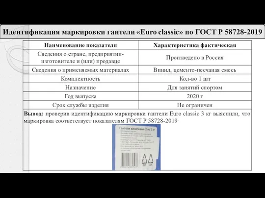 Идентификация маркировки гантели «Euro classic» по ГОСТ Р 58728-2019