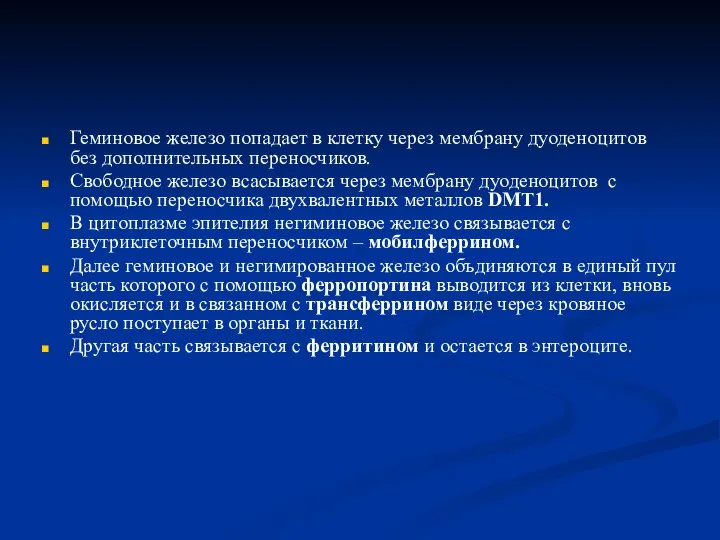 Геминовое железо попадает в клетку через мембрану дуоденоцитов без дополнительных переносчиков.