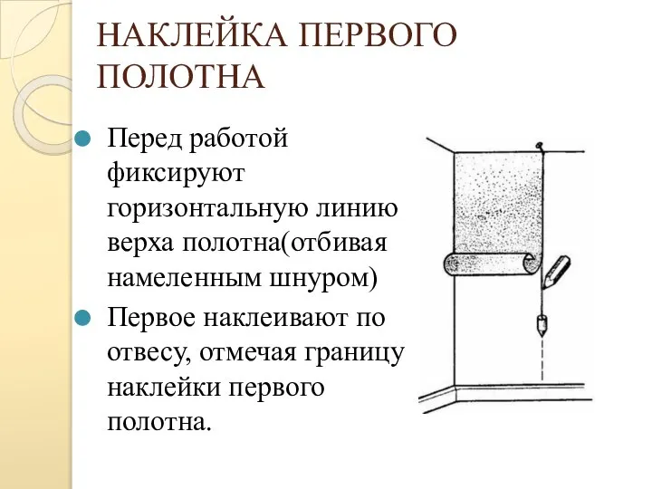 НАКЛЕЙКА ПЕРВОГО ПОЛОТНА Перед работой фиксируют горизонтальную линию верха полотна(отбивая намеленным