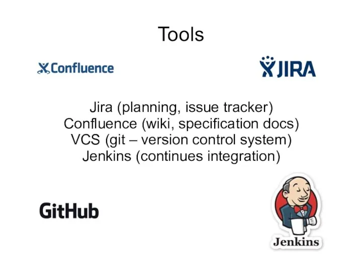 Tools Jira (planning, issue tracker) Confluence (wiki, specification docs) VCS (git