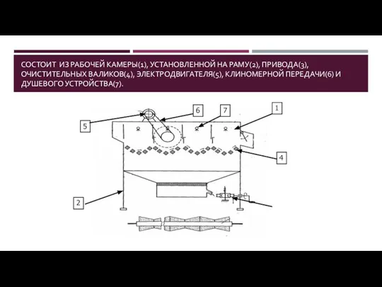 СОСТОИТ ИЗ РАБОЧЕЙ КАМЕРЫ(1), УСТАНОВЛЕННОЙ НА РАМУ(2), ПРИВОДА(3), ОЧИСТИТЕЛЬНЫХ ВАЛИКОВ(4), ЭЛЕКТРОДВИГАТЕЛЯ(5), КЛИНОМЕРНОЙ ПЕРЕДАЧИ(6) И ДУШЕВОГО УСТРОЙСТВА(7).