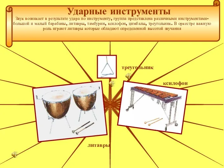 Ударные инструменты Звук возникает в результате удара по инструменту, группа представлена