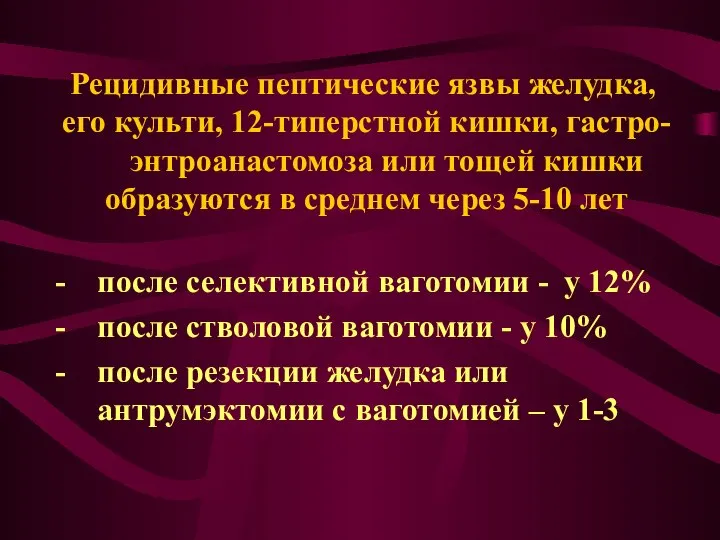 Рецидивные пептические язвы желудка, его культи, 12-типерстной кишки, гастро-энтроанастомоза или тощей