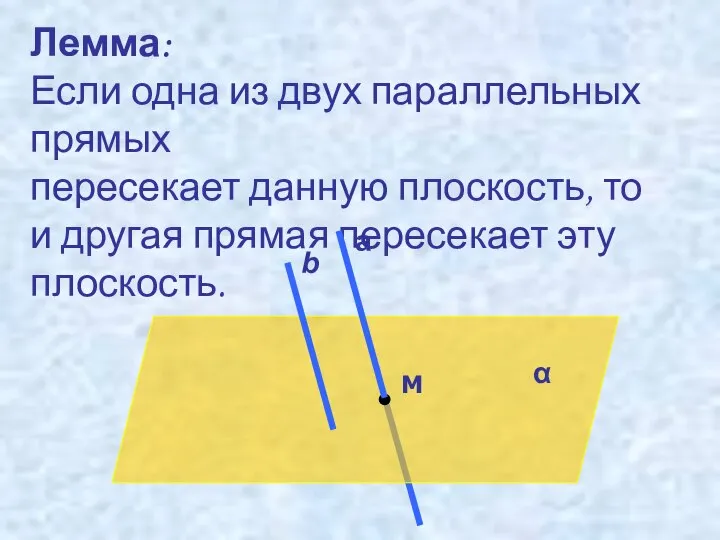 Лемма: Если одна из двух параллельных прямых пересекает данную плоскость, то