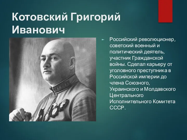 Котовский Григорий Иванович Российский революционер, советский военный и политический деятель, участник