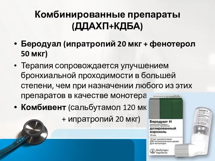 Комбинированные препараты (ДДАХП+КДБА) Беродуал (ипратропий 20 мкг + фенотерол 50 мкг)