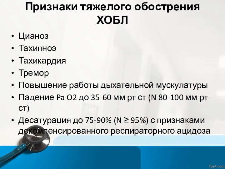 Признаки тяжелого обострения ХОБЛ Цианоз Тахипноэ Тахикардия Тремор Повышение работы дыхательной