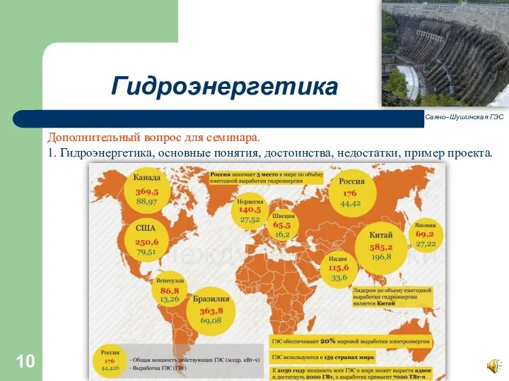 Гидроэнергетика Дополнительный вопрос для семинара. 1. Гидроэнергетика, основные понятия, достоинства, недостатки, пример проекта. Саяно–Шушинская ГЭС