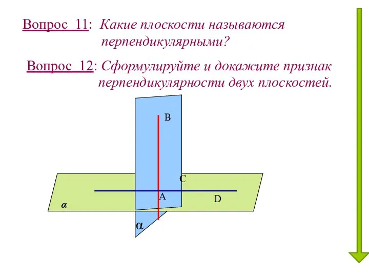 Вопрос 11: Какие плоскости называются перпендикулярными? Вопрос 12: Сформулируйте и докажите