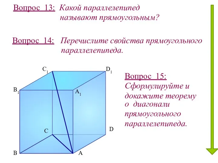 Вопрос 13: Какой параллелепипед называют прямоугольным? А В С D А1