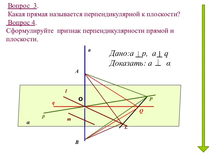 Вопрос 4. Сформулируйте признак перпендикулярности прямой и плоскости. Вопрос 3. Какая