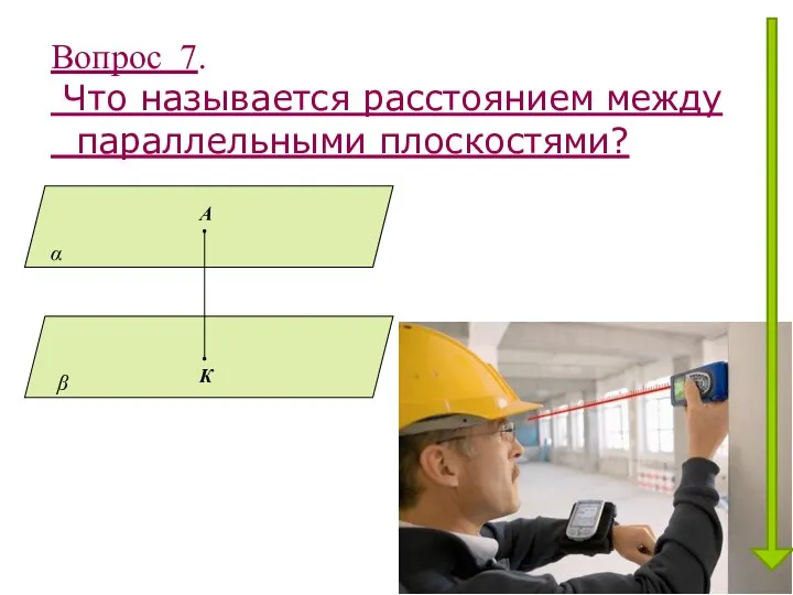 Вопрос 7. Что называется расстоянием между параллельными плоскостями? α β К A