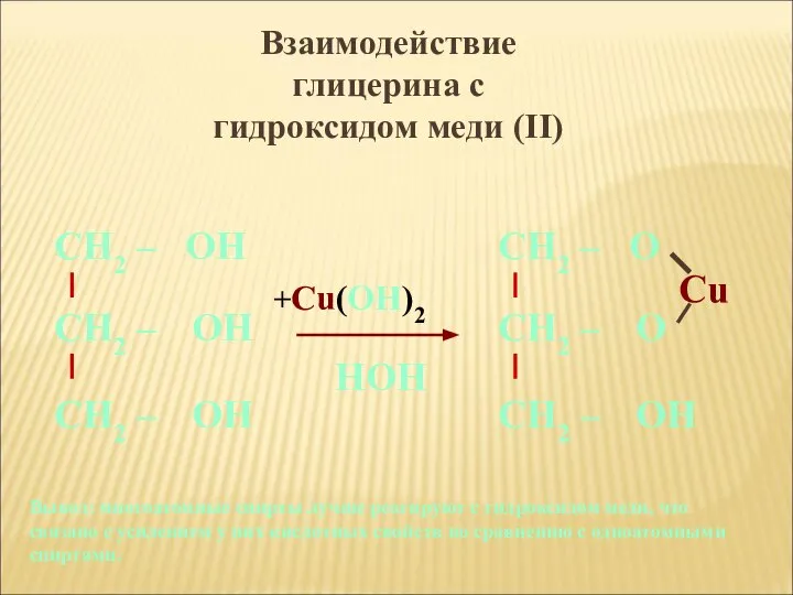 Взаимодействие глицерина с гидроксидом меди (II) Вывод: многоатомные спирты лучше реагируют