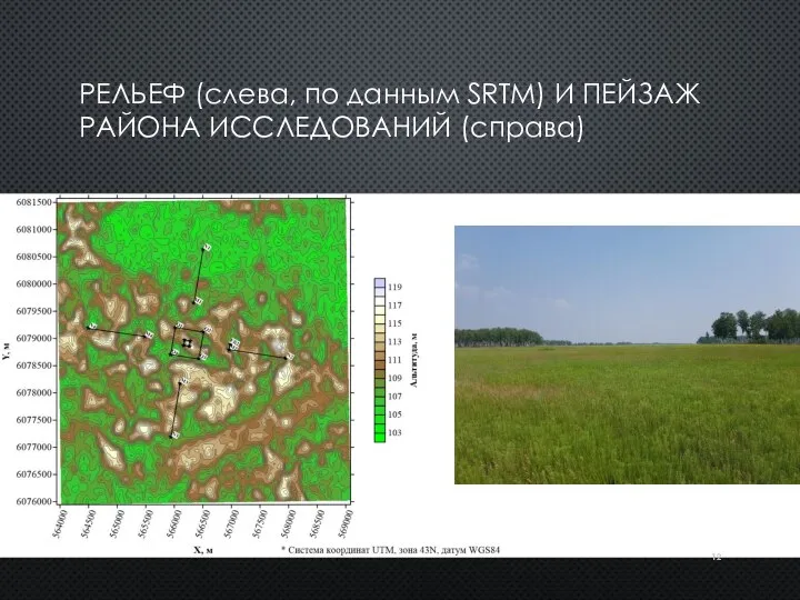 РЕЛЬЕФ (слева, по данным SRTM) И ПЕЙЗАЖ РАЙОНА ИССЛЕДОВАНИЙ (справа)