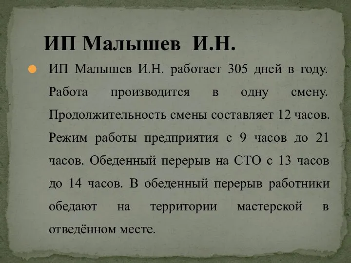 ИП Малышев И.Н. ИП Малышев И.Н. работает 305 дней в году.