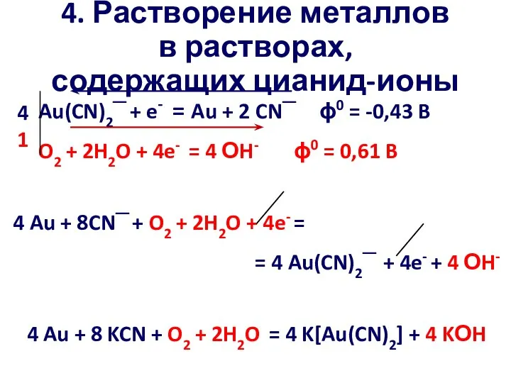 Au(CN)2─ + e- = Au + 2 CN─ ϕ0 = -0,43