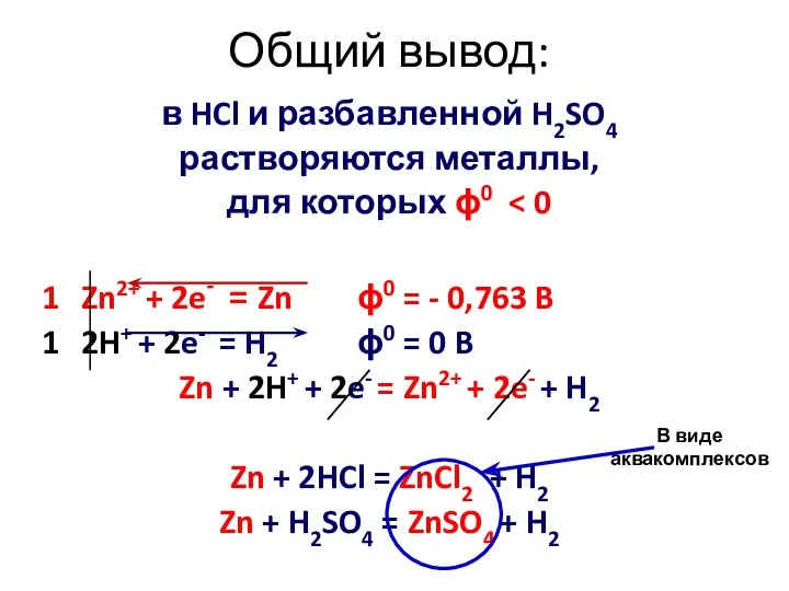 Общий вывод: в HCl и разбавленной H2SO4 растворяются металлы, для которых