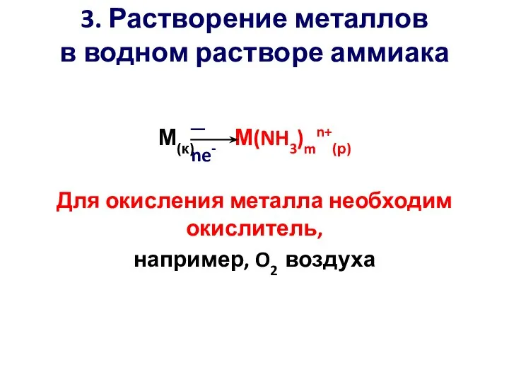 3. Растворение металлов в водном растворе аммиака М(к) М(NH3)mn+(р) Для окисления