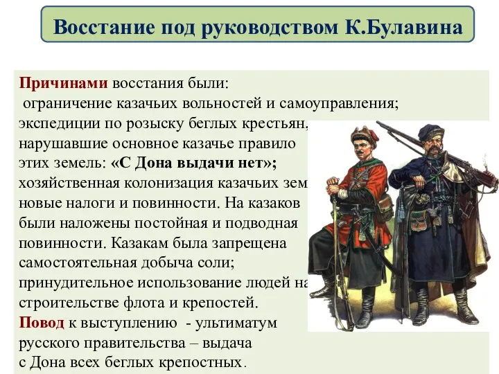 Причинами восстания были: ограничение казачьих вольностей и самоуправления; экспедиции по розыску