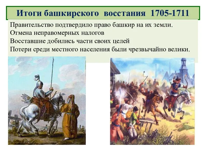 Итоги башкирского восстания 1705-1711 Правительство подтвердило право башкир на их земли.