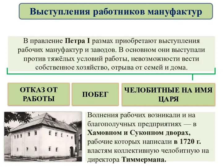 В правление Петра І размах приобретают выступления рабочих мануфактур и заводов.