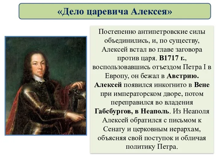 Постепенно антипетровские силы объединились, и, по существу, Алексей встал во главе