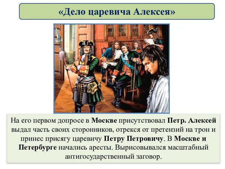 На его первом допросе в Москве присутствовал Петр. Алексей выдал часть