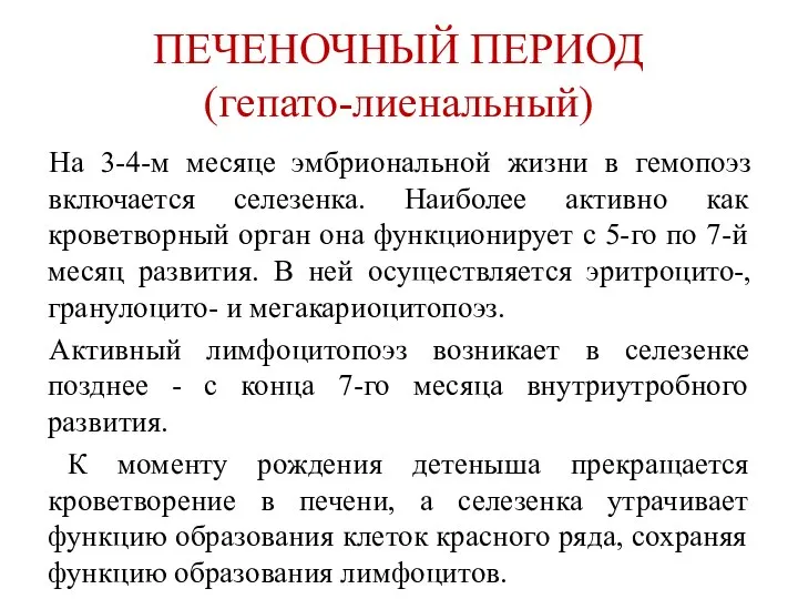 ПЕЧЕНОЧНЫЙ ПЕРИОД (гепато-лиенальный) На 3-4-м месяце эмбриональной жизни в гемопоэз включается