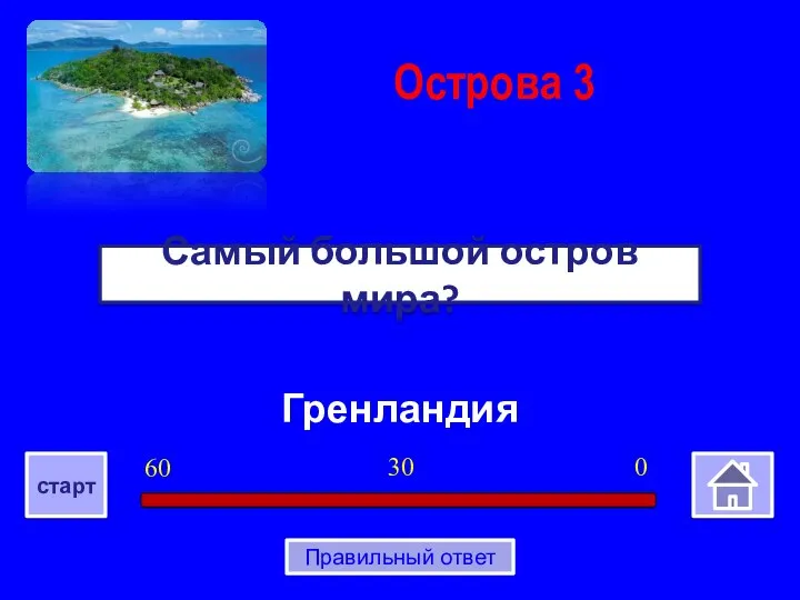 Гренландия Самый большой остров мира? Острова 3 0 30 60 старт Правильный ответ