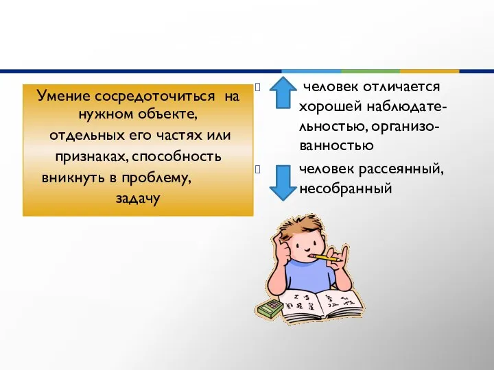 Концентрация внимания Умение сосредоточиться на нужном объекте, отдельных его частях или