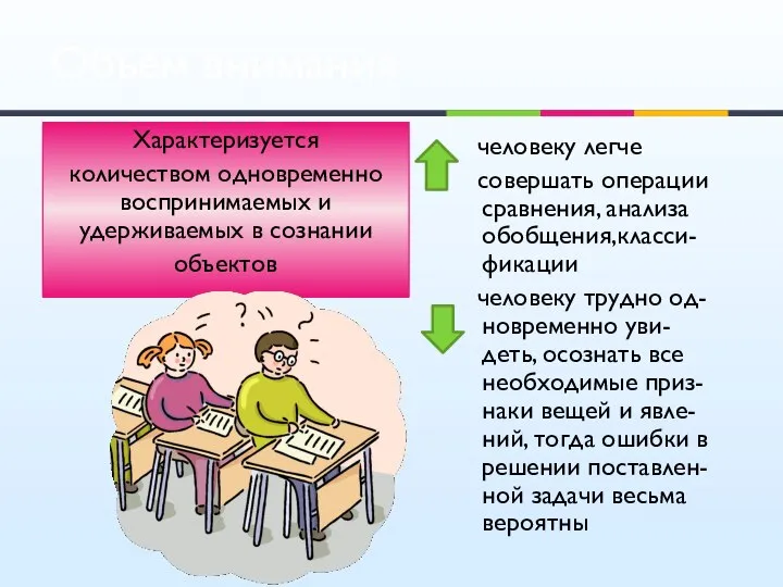 Объём внимания Характеризуется количеством одновременно воспринимаемых и удерживаемых в сознании объектов