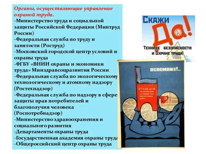 Органы, осуществляющие управление охраной труда. -Министерство труда и социальной защиты Российской