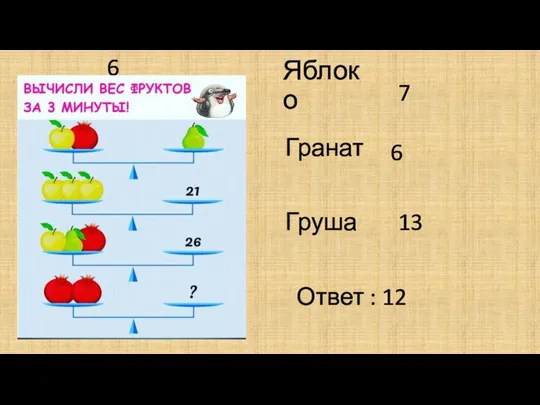 Яблоко Гранат Груша 7 13 6 Ответ : 12 6