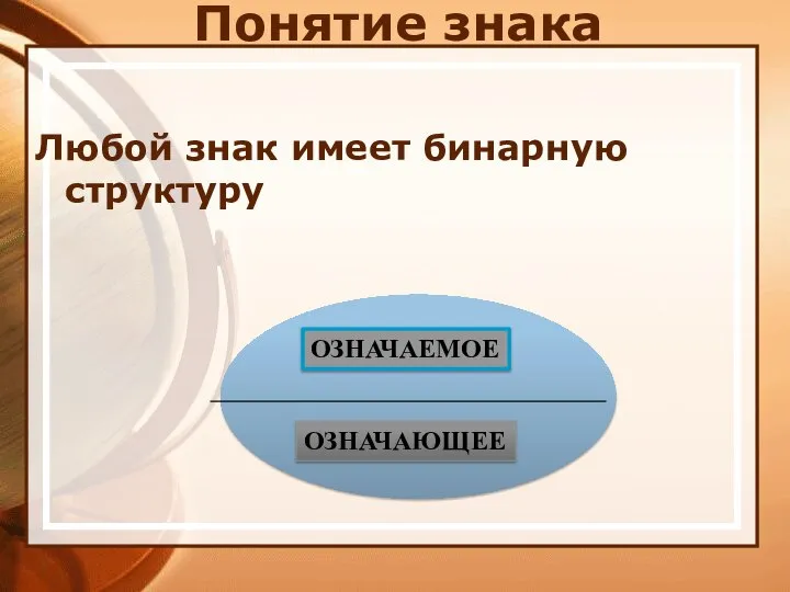 Понятие знака Любой знак имеет бинарную структуру ОЗНАЧАЕМОЕ ОЗНАЧАЮЩЕЕ