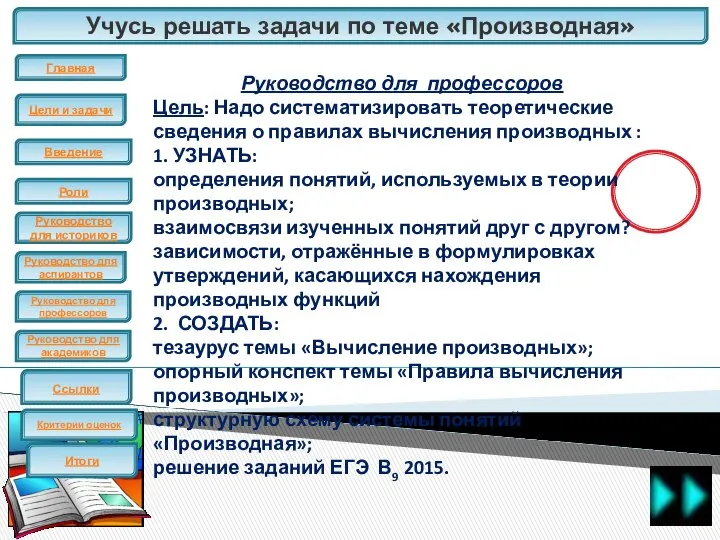 Учусь решать задачи по теме «Производная» ЕГЭ Руководство для профессоров Цель: