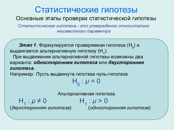 Статистические гипотезы Основные этапы проверки статистической гипотезы Этап 1. Формулируется проверяемая