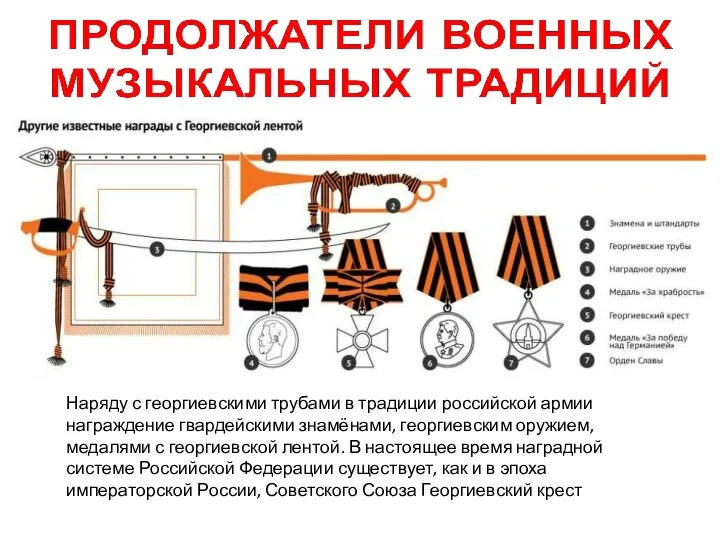 Наряду с георгиевскими трубами в традиции российской армии награждение гвардейскими знамёнами,