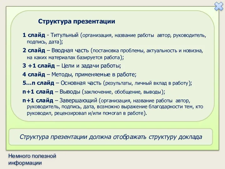 Структура презентации должна отображать структуру доклада Структура презентации 1 слайд -