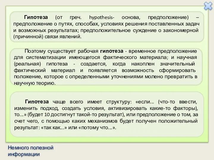 Гипотеза чаще всего имеет структуру: «если... (что-то ввести, изменить подход, создать