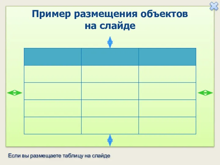 Если вы размещаете таблицу на слайде Пример размещения объектов на слайде