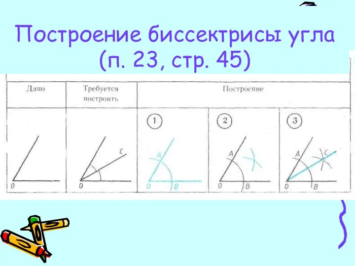 Построение биссектрисы угла (п. 23, стр. 45)